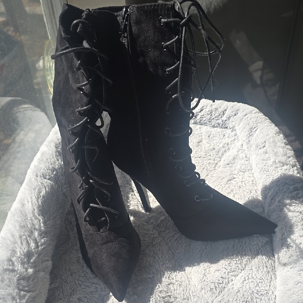 Black Lace-Up Ankle Boots with Stiletto Heel